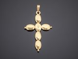 a yellow gold cross pendant with three leaves on a black background
