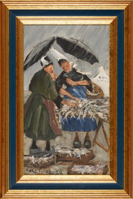 an oil painting of two women with umbrellas in the rain