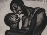 drawing of a man and a woman hugging each other in a black and white photo