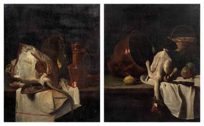 deux tableaux représentant une nature morte avec une dinde et d'autres objets posés sur une table