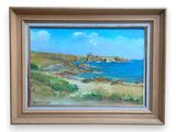 tableau représentant une vue de plage avec un château au loin