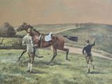 a painting of a man leading a horse on a hill