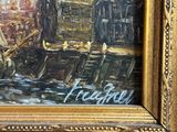 an oil painting of a boat in a harbor with a building in the background