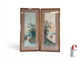 two framed paintings of a river scene with a boat in the distance