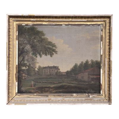 une vieille peinture représentant une scène de campagne avec une maison en arrière-plan