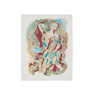 une image représentant le dessin d'une femme jouant de la guitare