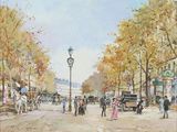 un tableau représentant une scène de rue avec des passants et des calèches