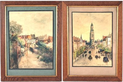 two paintings of a city street with a clock tower in the background