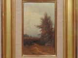 a painting of a landscape with a tree in the foreground