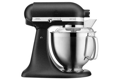 a close up of a black mixer on a white background