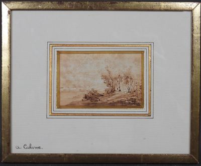 un tableau représentant un paysage avec des arbres et une rivière au loin