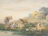 un tableau représentant un groupe de personnes et d'animaux au bord de l'eau