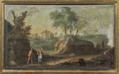 un vieux tableau représentant un couple et un enfant dans un paysage boisé
