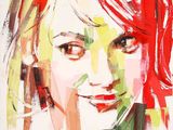 peinture représentant le visage d'une femme dans des tons de rouge, jaune et vert