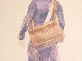 dessin représentant une femme en robe bleue, un panier sur l'épaule