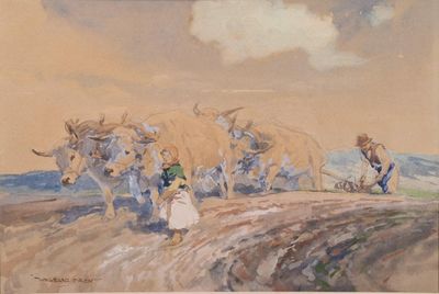 painting of a man plowing a field with two oxen in the background