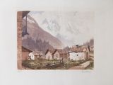 an image of a painting of a village with a mountain in the background