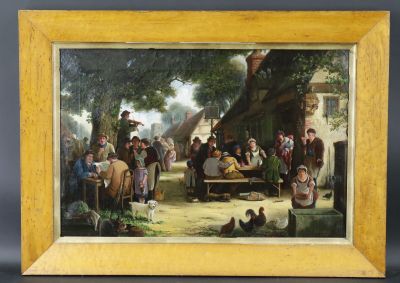 une peinture à l'huile représentant une scène de village avec des personnages, des poulets et des poulets