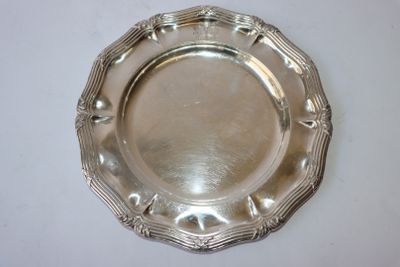 a silver plate on a table with a white background