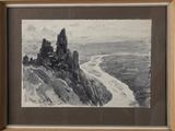 painting of a castle on a cliff with a river in the foreground