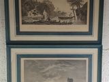two framed pictures of boats on the water and a building in the background
