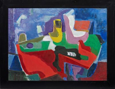 peinture abstraite représentant une table sur laquelle sont posés une guitare et un vase
