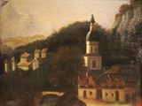 tableau représentant un village avec une église et un pont au premier plan