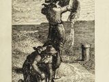 an image of a drawing of a man and a dog on a beach