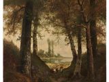 an image of a painting of cows in a wooded area by a river