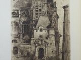 drawing of an old building with a tower and a man sitting in front of it