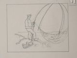 drawing of a man standing in a field with a kite in his hand