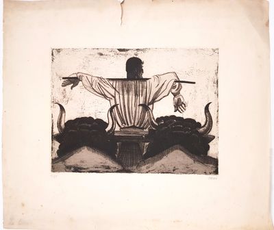 an old picture of a man sitting on top of a boat