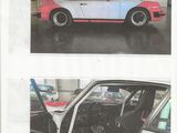 two pictures of a car in a garage and a car in a garage