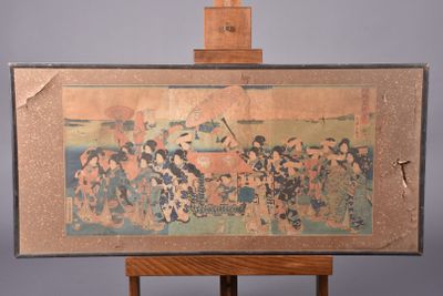 painting of a group of people in a field on a easel