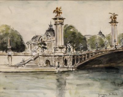 painting of a painting of a bridge over a river with a building in the background