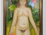 un tableau représentant une femme tenant une pomme dans la main
