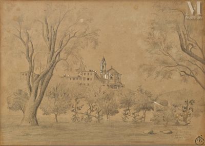 an old drawing of a castle in a wooded area with trees