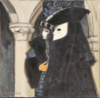 an image of a painting of a woman in a black dress and a mask