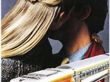 a poster advertising a train that is going down the tracks