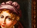 portrait of a woman in a pink turban and pearl necklace
