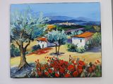 peinture représentant un tableau représentant un paysage avec des fleurs rouges et des arbres