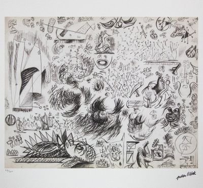 drawing of a black and white drawing of a group of people