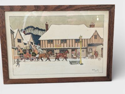 tableau représentant une calèche devant un bâtiment