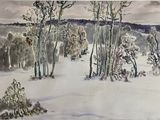 tableau représentant un paysage enneigé avec des arbres et un oiseau dans le ciel