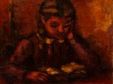 tableau représentant une femme assise à une table, avec une assiette de nourriture devant elle