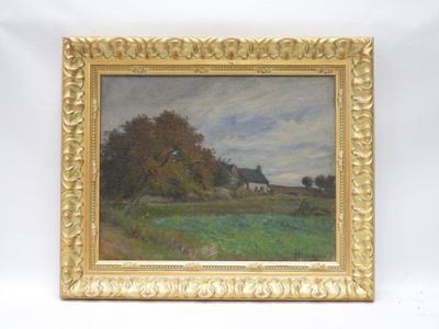 l'image d'une peinture représentant un champ avec une maison au loin