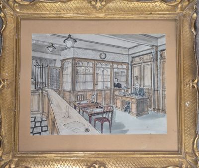 peinture représentant un dessin d'une salle à manger avec une horloge accrochée au mur