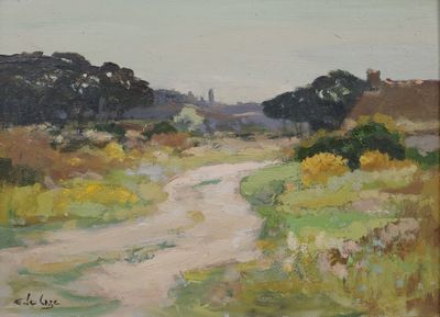 an oil painting of a dirt road in a field with trees in the background