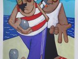 tableau représentant deux hommes sur une plage avec un ballon et un chien