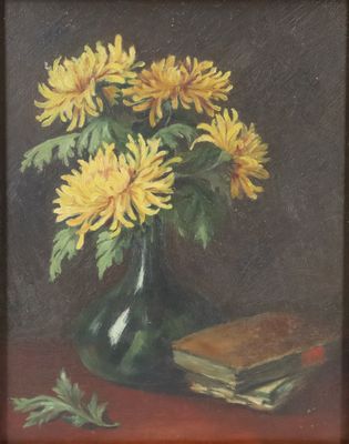 painting of yellow flowers in a green vase with a book on a red table
